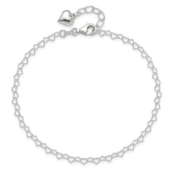 925 Sterling Silver Polished Puffed Heart Charm 9" + 1" ext. Fine Jewelry Anklet - Picture 5 of 7